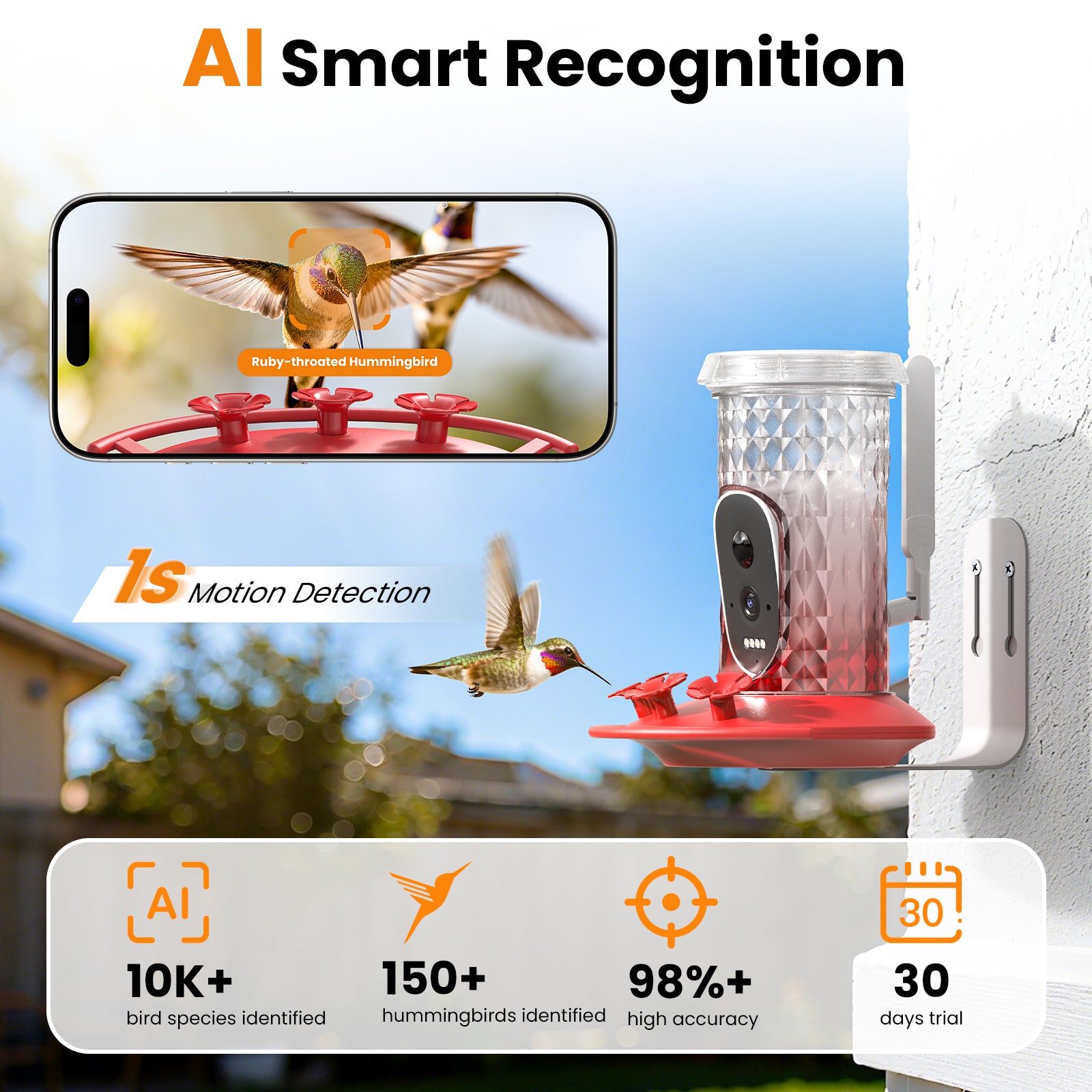 Smart Hummingbird Feeder Camera with AI Identification, 2.5K HD & Color Night Vision, Solar Powered Outdoor, IP66 Weatherproof – Garden Decor & Gift for Bird Lovers