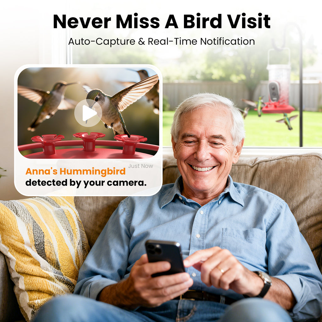 Smart Hummingbird Feeder Camera with AI Identification, 2.5K HD & Color Night Vision, Solar Powered Outdoor, IP66 Weatherproof – Garden Decor & Gift for Bird Lovers