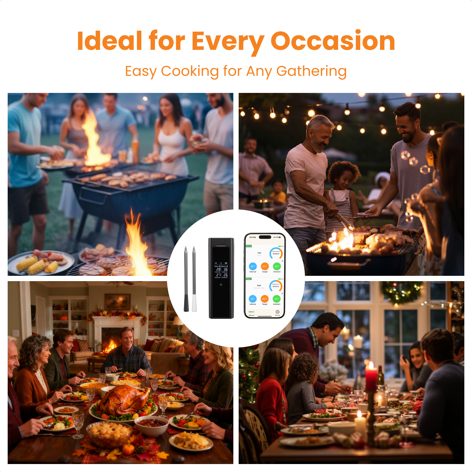 Wireless Meat Thermometer with 2 Color-Coded Probes, ±1.8℉ Accuracy, IP67 Waterproof, App Control & Real-Time Monitoring, Two-Way Alerts for Kitchen, BBQ, Grill, Oven, Smoker