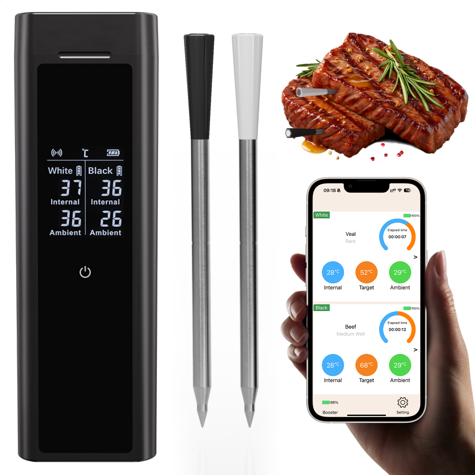 Wireless Meat Thermometer with 2 Color-Coded Probes, ±1.8℉ Accuracy, IP67 Waterproof, App Control & Real-Time Monitoring, Two-Way Alerts for Kitchen, BBQ, Grill, Oven, Smoker